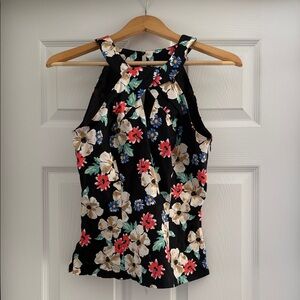 Floral Sleeveless Halter Top - Black with Multicolor Flowers